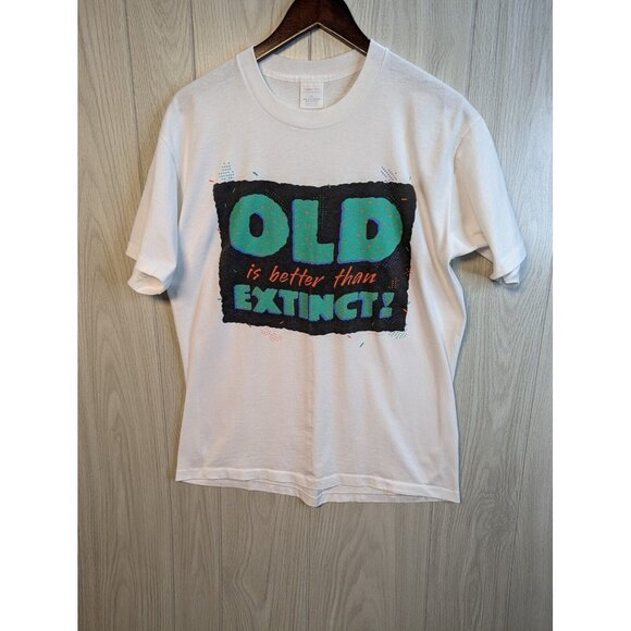 vintage 80s Old is better than extinct white Hallmark inc t-shirt XL center star - Picture 1 of 7